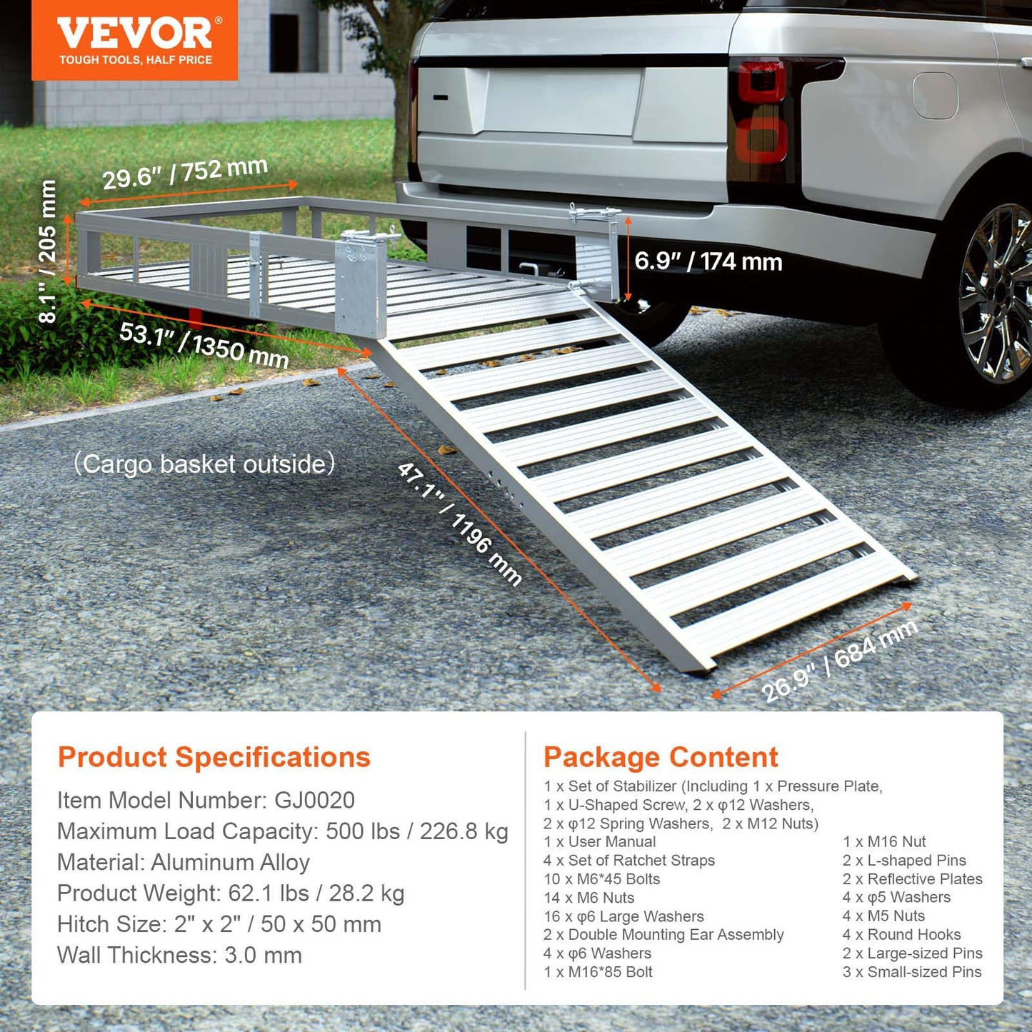 VEVOR Hitch Mount Cargo Carrier, 500LBS Mobility Scooter Carrier with Folding Ramp, Aluminum Trailer Hitch Rack Basket & Stabilizer, Strap, Fits 2" Hitch Receiver for Truck SUV Car, 48.03" x 27.87"