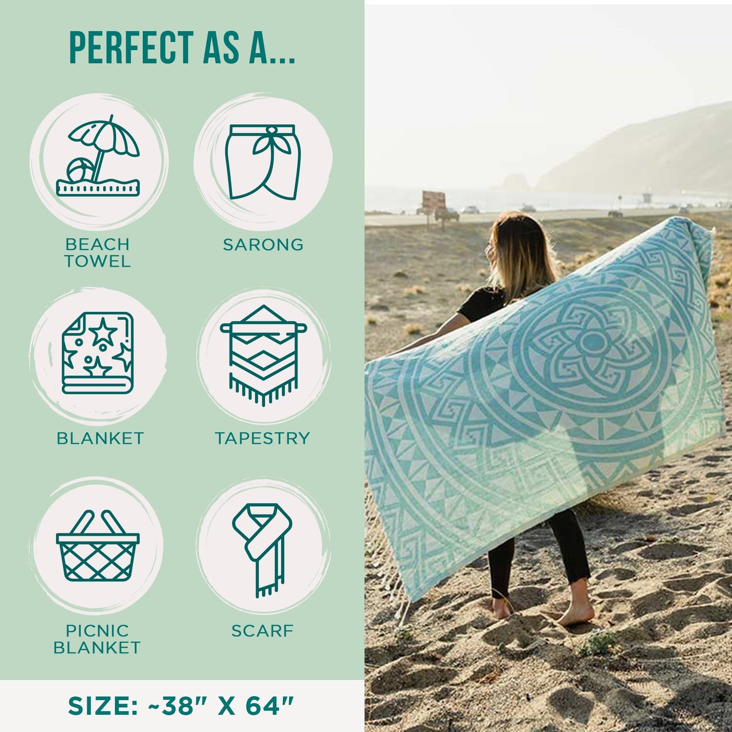 Sand Cloud Turkish Beach Towel - Sand Resistant - 100% Organic Turkish Cotton Yarn - Quick Dry Towel for Beach, Picnic Blanket or Throw - As Seen on Shark Tank - Mandala (Mint)