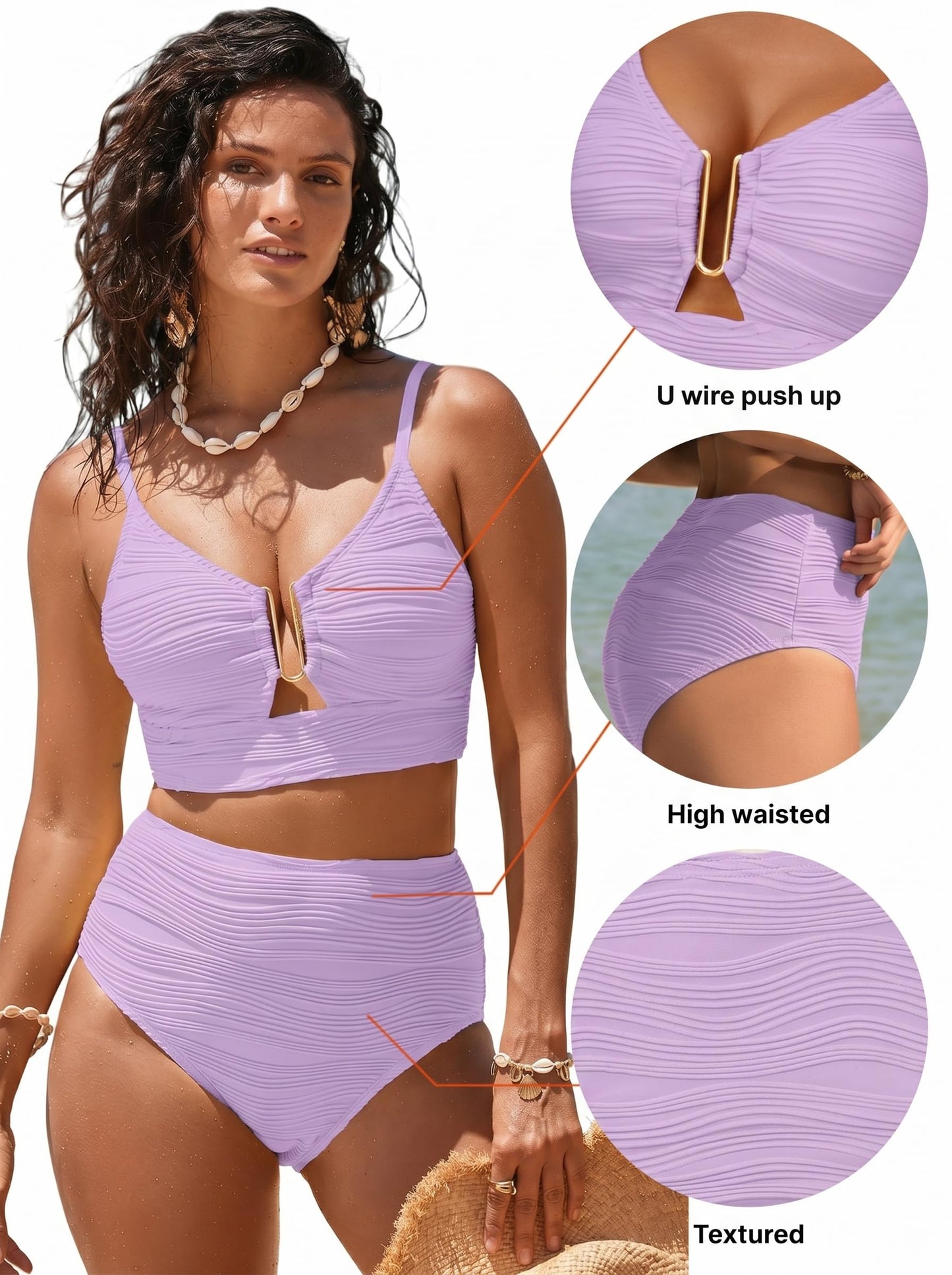 Herseas Women 2 Piece Bikini Sets U-Wire Cutout Textured Swimsuits Push Up High Waisted 2026 Summer Fashion Bathing Suits Trendy Beach Vacation Clothes Light Purple XX-Large