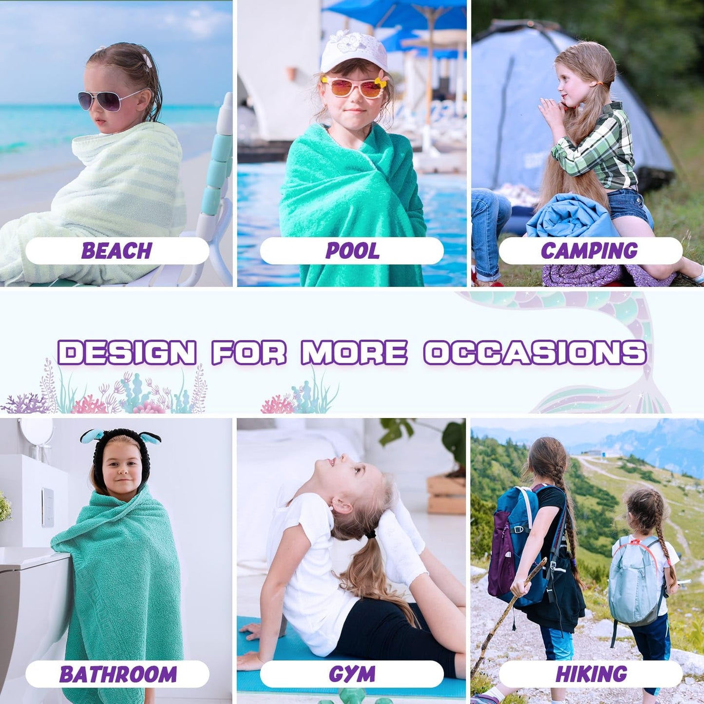 WERNNSAI Mermaid Kids Beach Towel for Girls, 30” x 60” Double-Sided Towels for Kids, Kids Beach Pool Bath Bathroom Swim Towel, Quick Dry Ultra Absorbent Super Soft Beach Blanket Towel