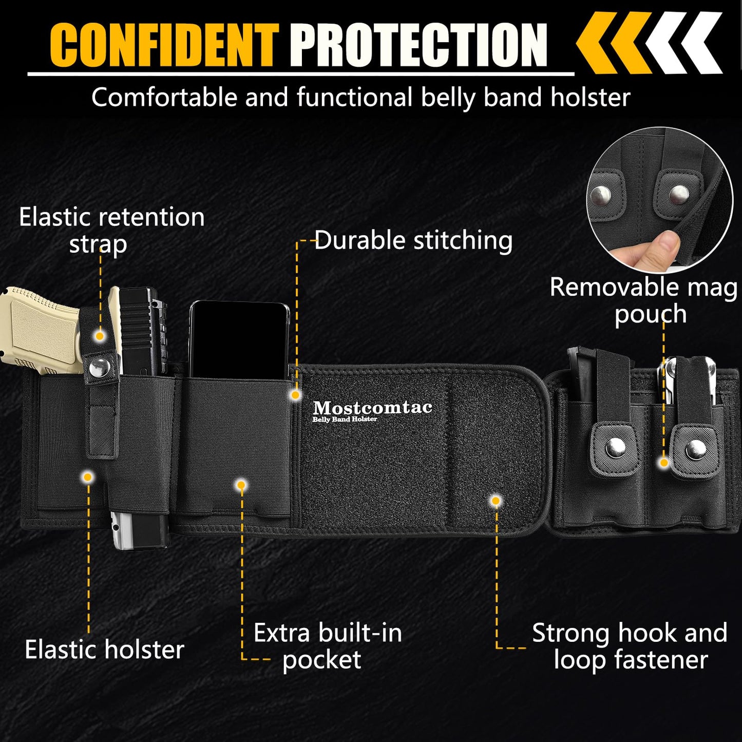Mostcomtac Belly Band Holster for Men & Women - Breathable Neoprene Gun Holster, Multi - Pocket Tactical Belt for Outdoors, Fits G17-43x, Taurus G3C, G2C and Most 9mm and 381 Handguns（L-S）