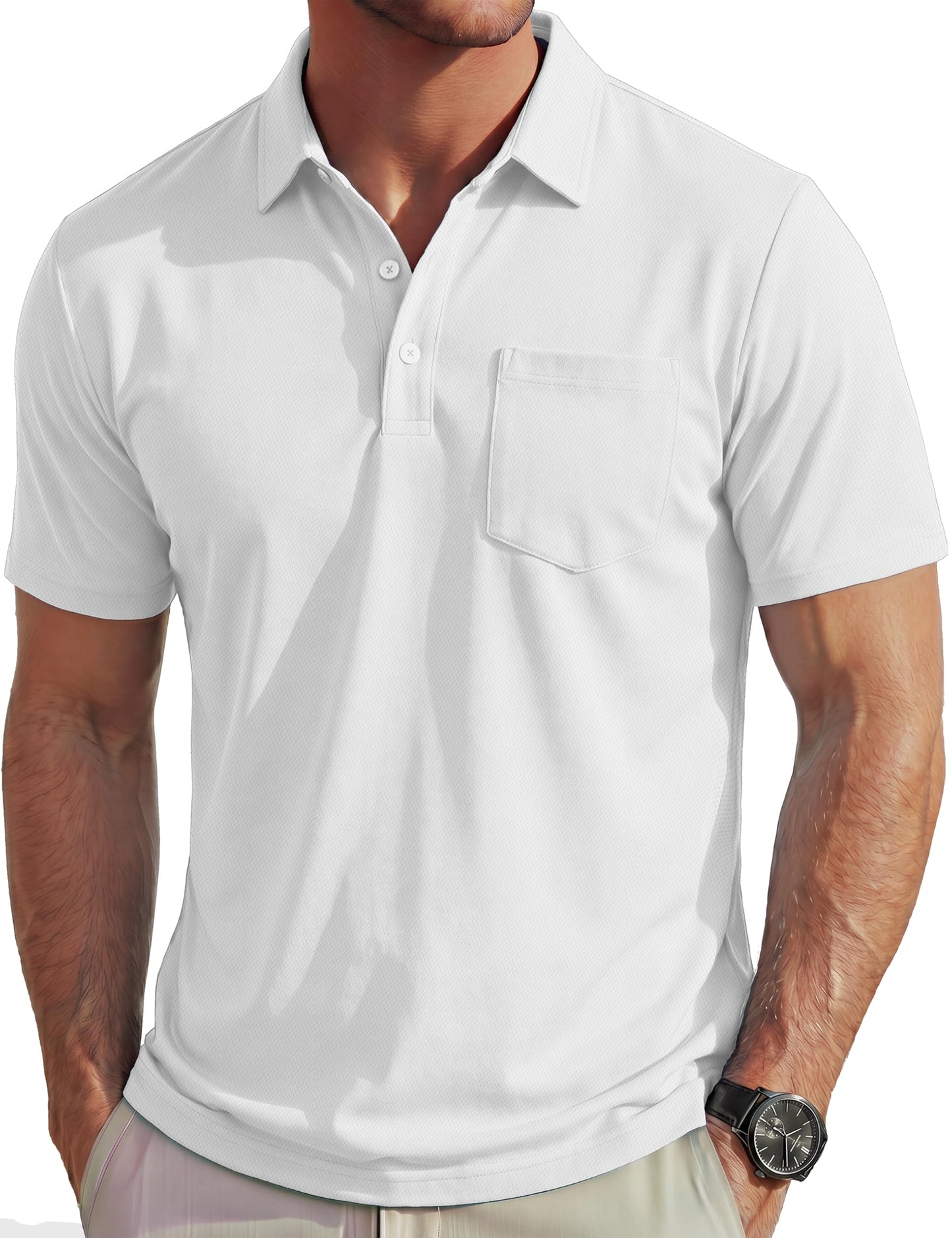 MAGCOMSEN Polo Shirts for Men Short Sleeve Collared Golf Shirt with Pocket Moisture Wicking Quick Dry Performance White Polos