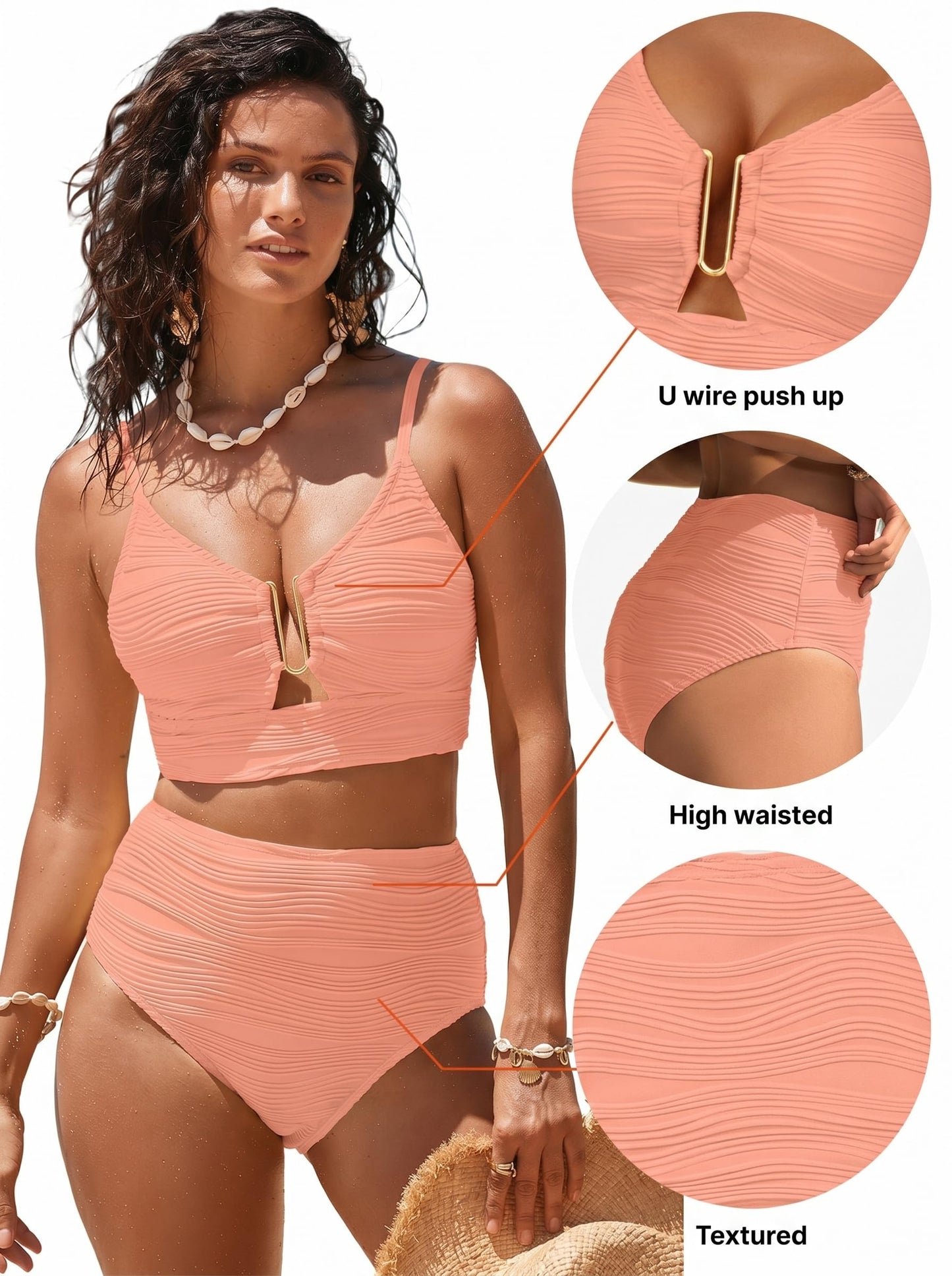 Herseas Womens High Waisted Bikini Sets Ribbed Two Piece V Neck Bathing Suit 2026 Summer U-Wired Modest Push Up Teen Girl Popular Swimsuit Flattering Resort Wear Apricot Pink Small