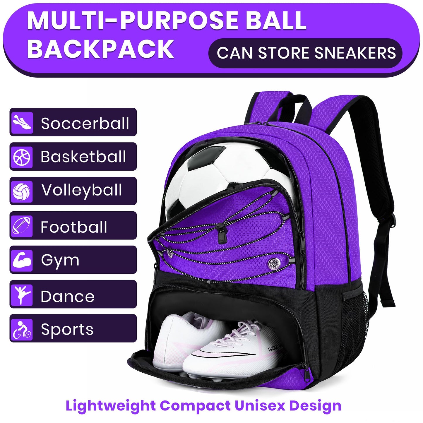Hsmihair Youth Soccer Bag-Soccer Backpack & & Backpack for Football Volleyball Basketball,with Ball Compartment and Separate Cleat Training Package (Purple)