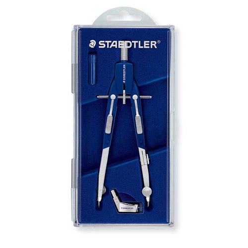 STAEDTLER Comfort Metal Quick Setting 6" Compass 2 Piece Set: Universal Adapter, Push-Button Mechanism & Extra Leads - Draws Circles up to 350mm