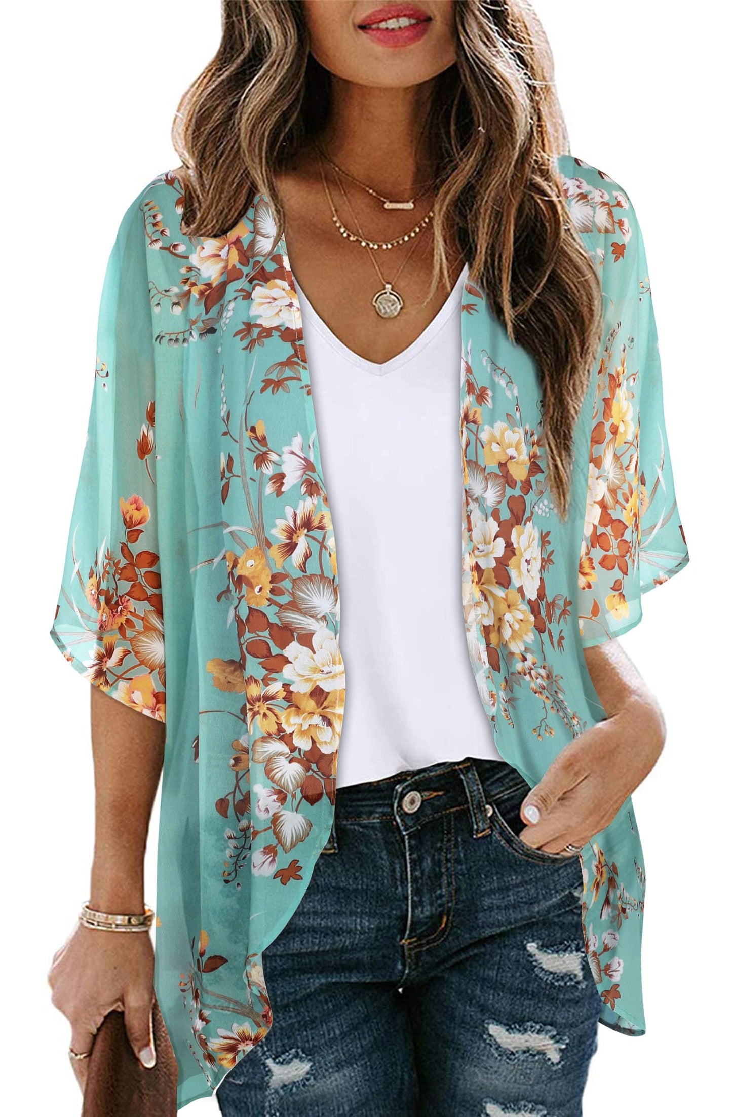 Womens Kimonos Bathingsuit Cover Ups Floral Cardigan 3/4 Sleeves Shrug Summer Tops Resortwear(Aqua Blue,M)