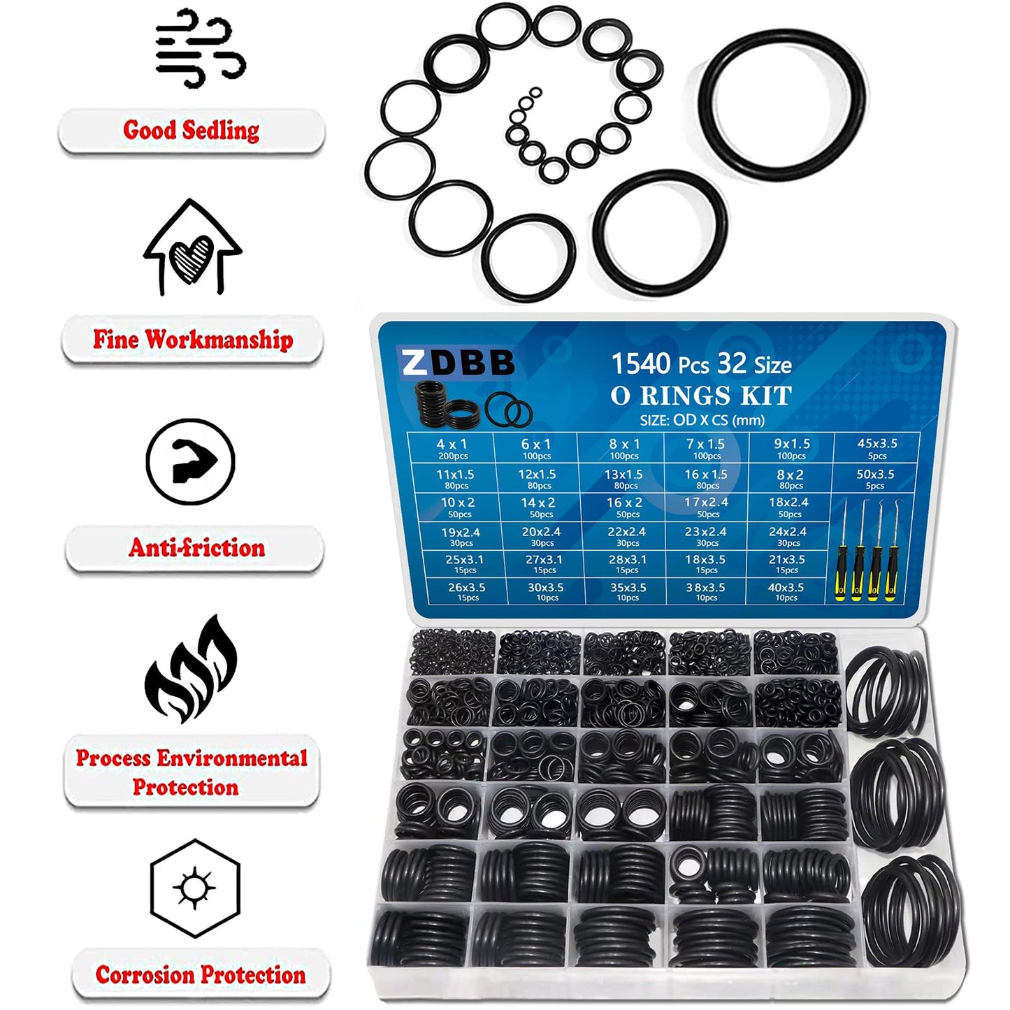 ZDBB 32 Size 1540 Pcs O Rings Assortment Kit Metric Nitrile Rubber Oring Set with 4 Pick for Automotive Faucet Pressure Washer Plumbing Air or Gas Repair OD 4mm-50mm