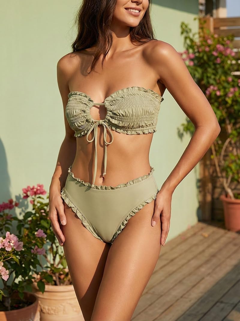 Matcha Green High-Waist Ruffle Bikini Set - 2 Piece Cheeky Moderate Coverage, Adjustable Bandeau Top (Medium)
