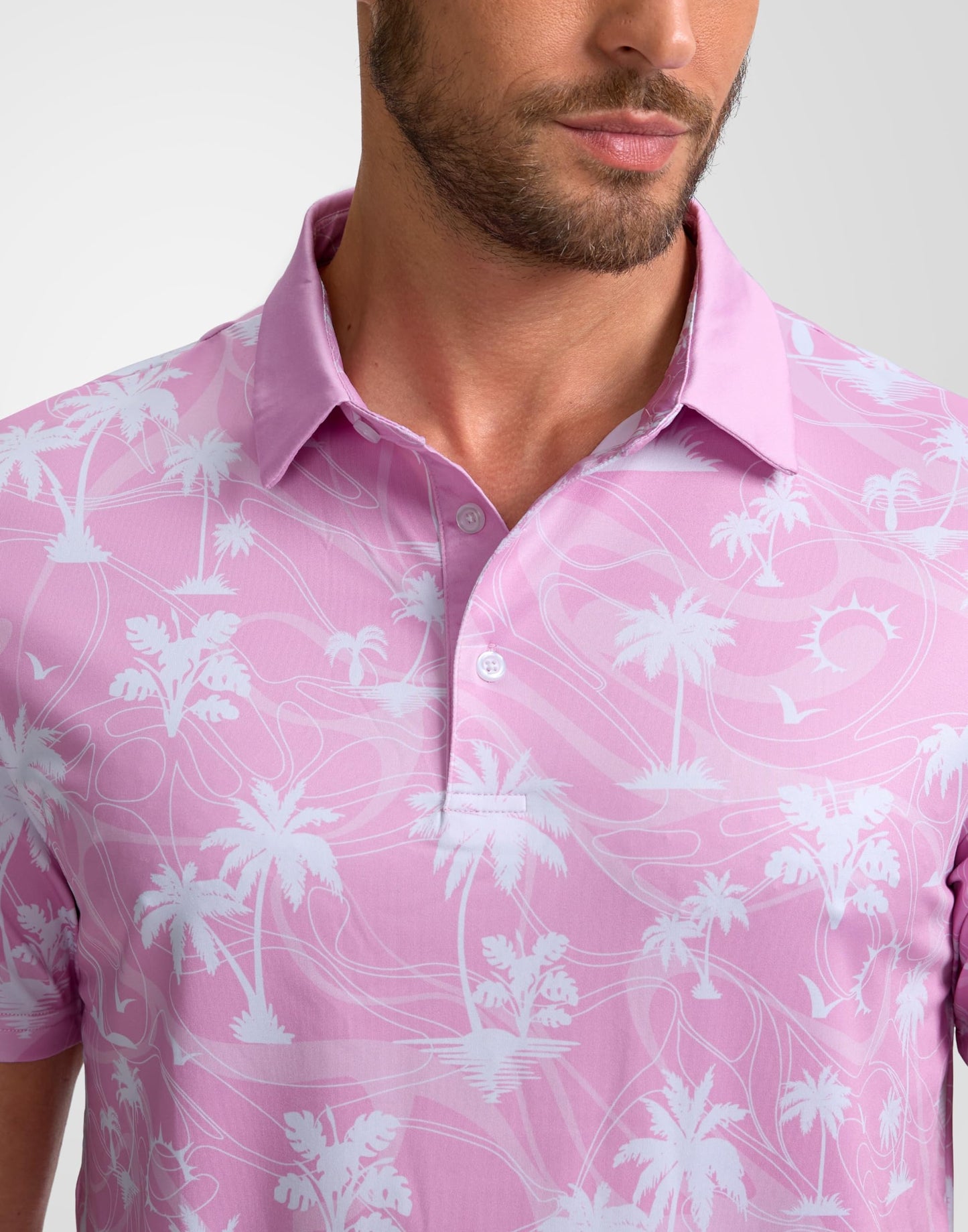 Obla Mens Golf Polo Shirts Short Sleeve Dry Fit Casual Print Collared Golf Shirts Wicking for Men(Pink Coconut Beach_XL)