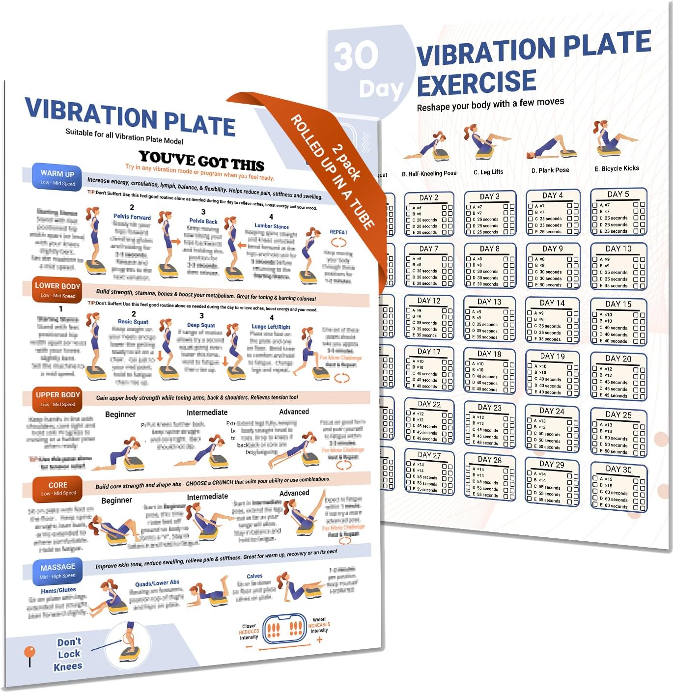 2 packs Vibration Plate Exercise Poster, 30 Day Workout Chart for Fitness Training