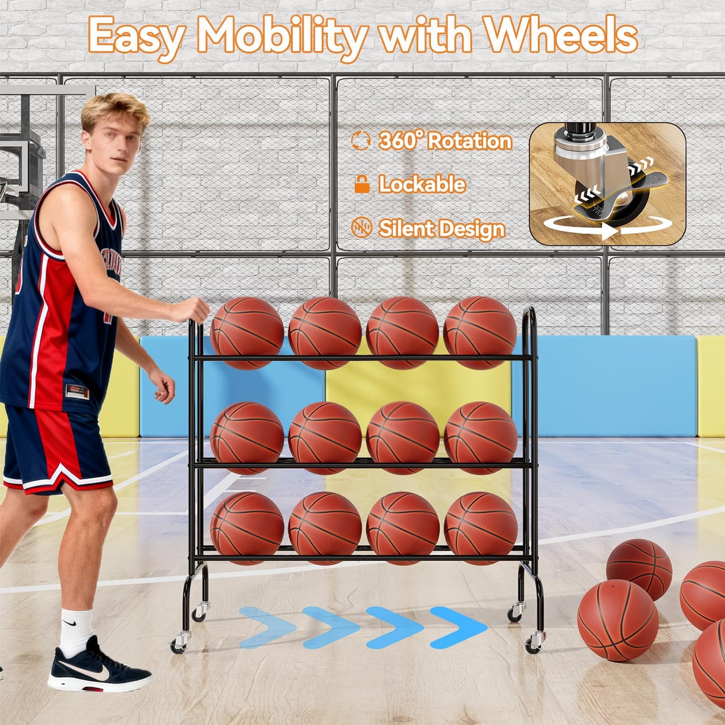 MWQ Basketball Rack 3 Tier, Rolling Sport Equipment Holder Ball Storage Cart for Basketball, Football and Soccer, Suitable for Indoor and Outdoor, Black