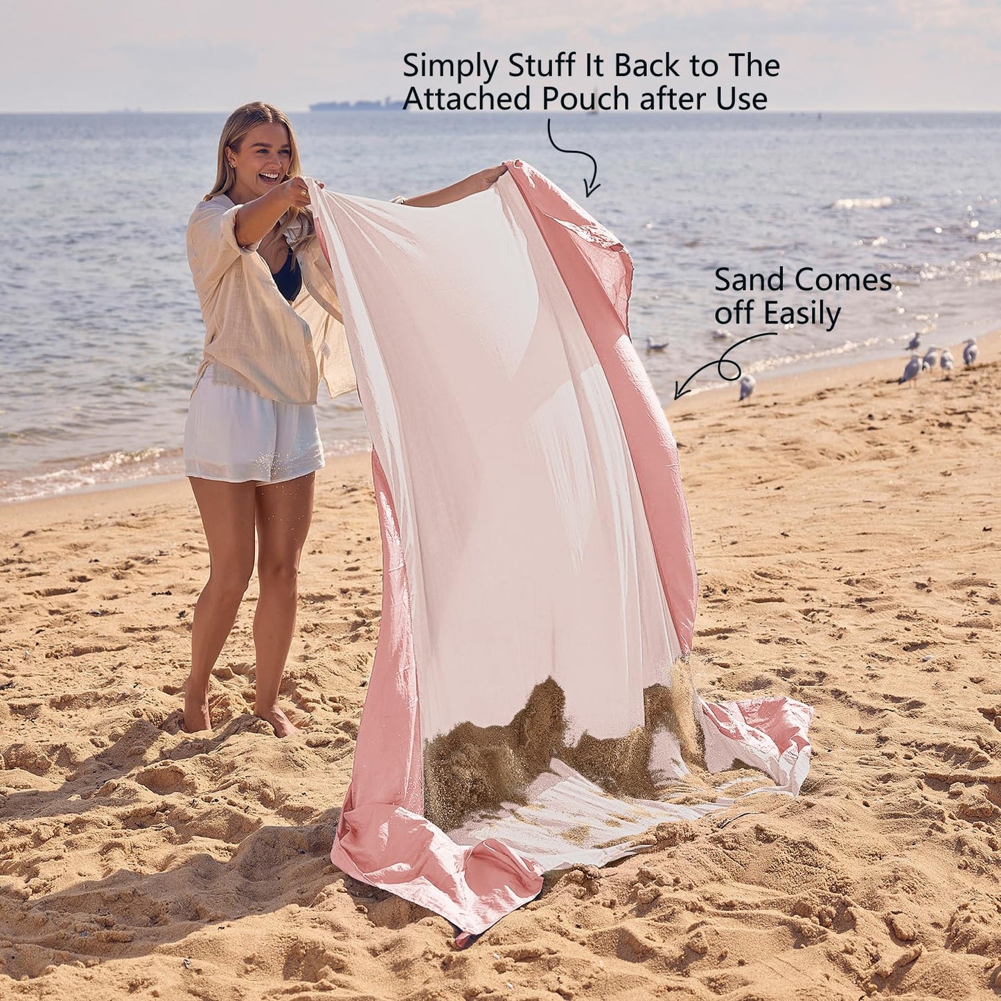 WEKAPO Beach Blanket Sandproof Waterproof, Extra Large Beach Mat, Oversized & Compact Sand Free, Quick Drying Beach Essentials for Vacation, Cruise, Picnic & Camping with Stakes (Pink, 9x10 FT)