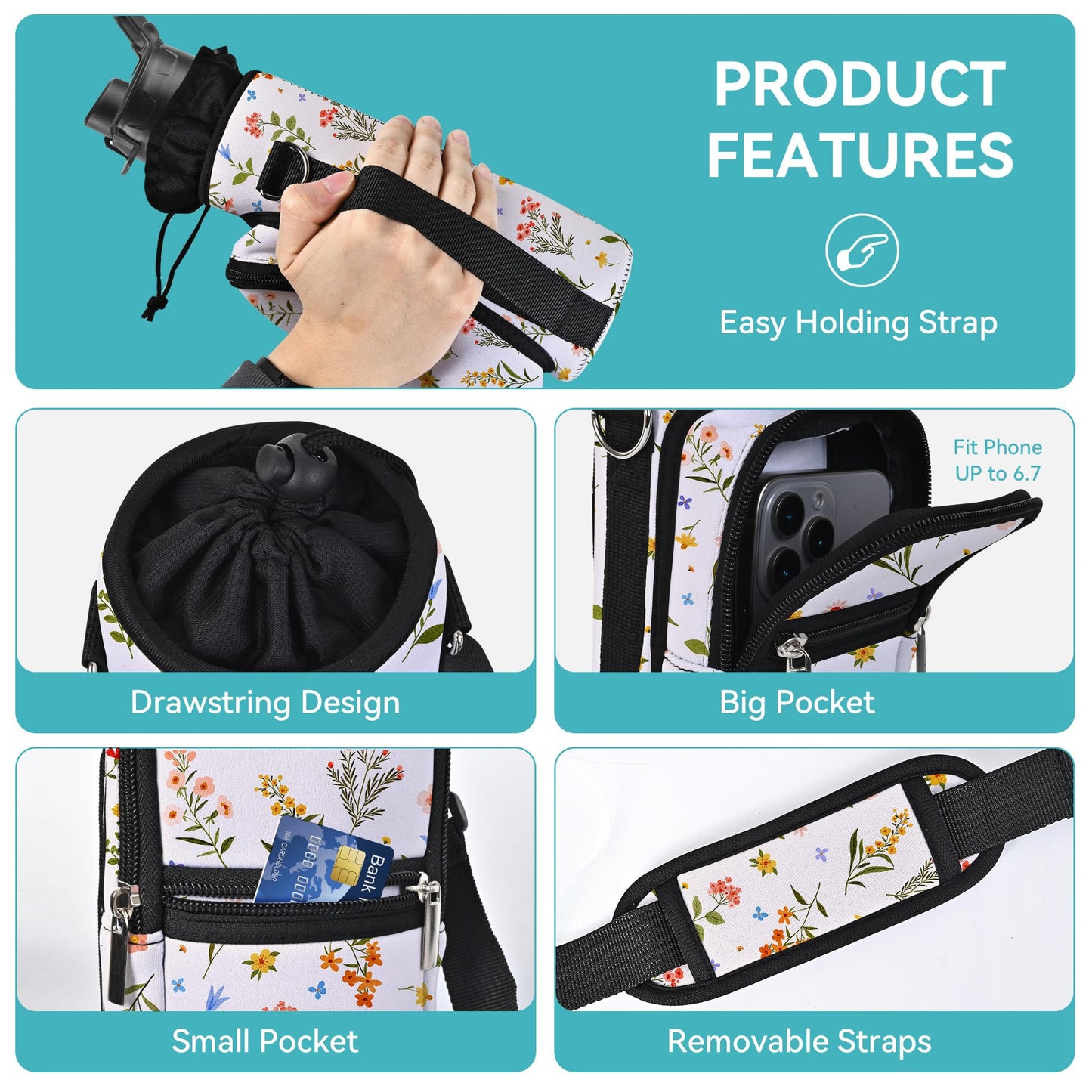 AUPET Water Bottle Sling Bag Sleeve Holder Carrier 25/32/40/64 oz,Insulated Crossbody Water Bottle Case Cover with Strap and Pockets for Men/Women Walking Hiking (Watercolor Style, 25oz)