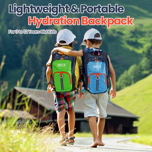 Shinylin 2 Pcs Kids Hydration Backpack with 1.5l Water Bladder Lightweight Kids Hiking Backpack Water Rucksack for Boys Girls Climbing Running(Blue, Green)