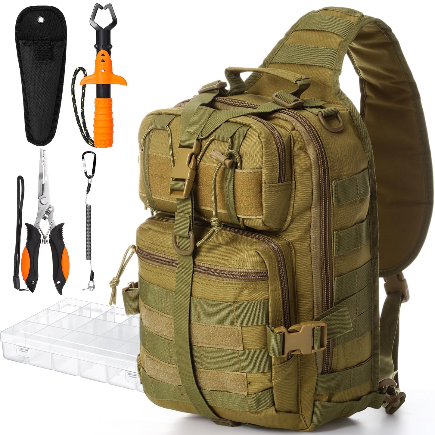 Eccliy 6 Pcs Fishing Tackle Bag Backpack with Rod Holders, Tackle Box, Fishing Pliers Kit and Fish Lip Gripper, Fish Gear and Equipment Fisherman Gift for Men Women(Khaki)