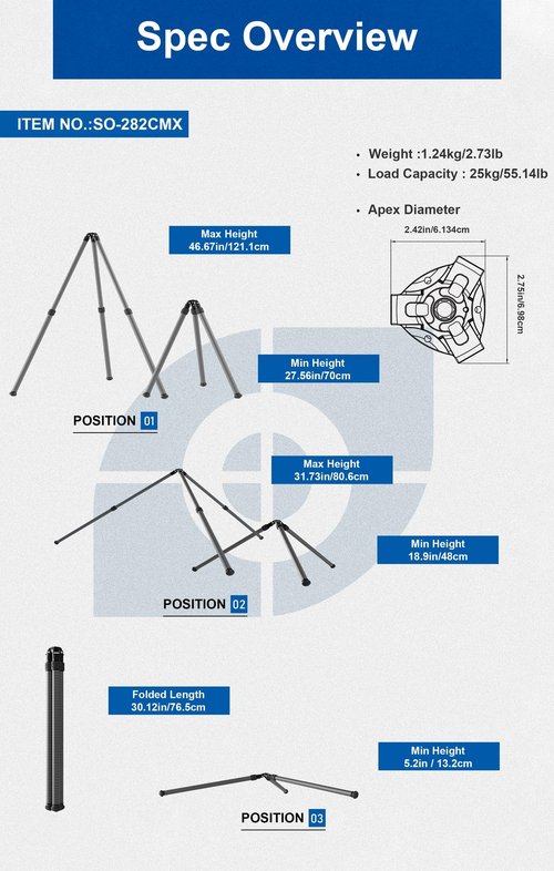 Leofoto Short Inverted Carbon Fiber Tripod, Fixed Apex, 10-Layer Toray, Twist-Lock, 46.67" Max Height, 5.20" Min Height (SO-282CMX)