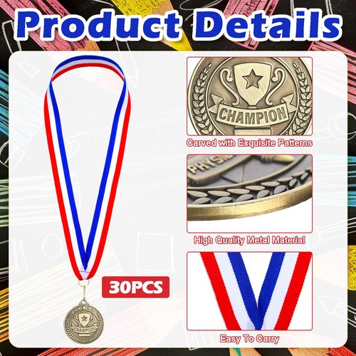 Remuuly 30 Pcs Gold Medals Bulk 2'' Basketball Soccer Baseball Volleyball Football Lacrosse Kickball Cheer Bowling Trophy Medals for Awards for Sports Participation Winner Gift(Gold,Champion)