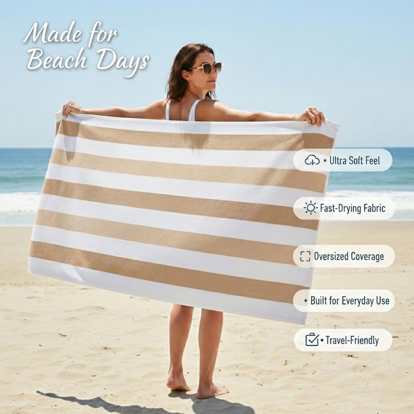9Threads Premium Velour Cabana Beach Towel 2 Pack, 30” x 60” Soft Plush Cotton Pool Towel, Absorbent Quick Dry Towel for Beach and Pool (White Beige)