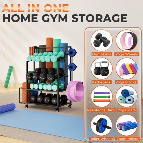 skypelia Dumbbell Rack Weight Stand - Adjustable Weight Rack for Dumbbells, Home Gym Storage Rack for Yoga Mat Foam Roller Kettlebells, Workout Equipment Storage Organizer with Wheels