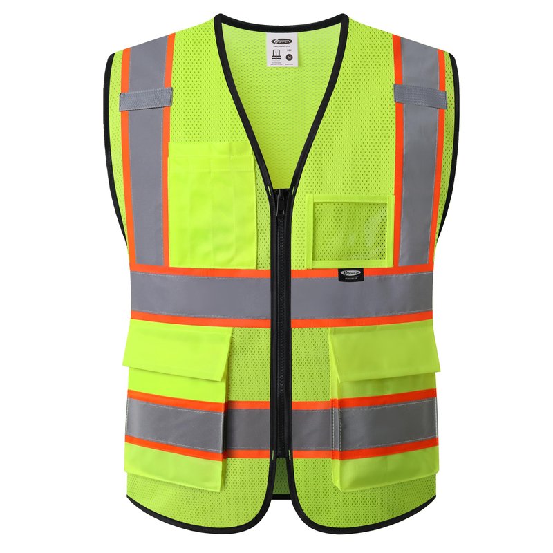 JKSafety Safety Vest for Men Women Hi Vis Vest with Pockets and Zipper Front Class 2 High Visibility Meet ANSI Standard Yellow Color Extended Orange Strips (BX320-Yellow L)