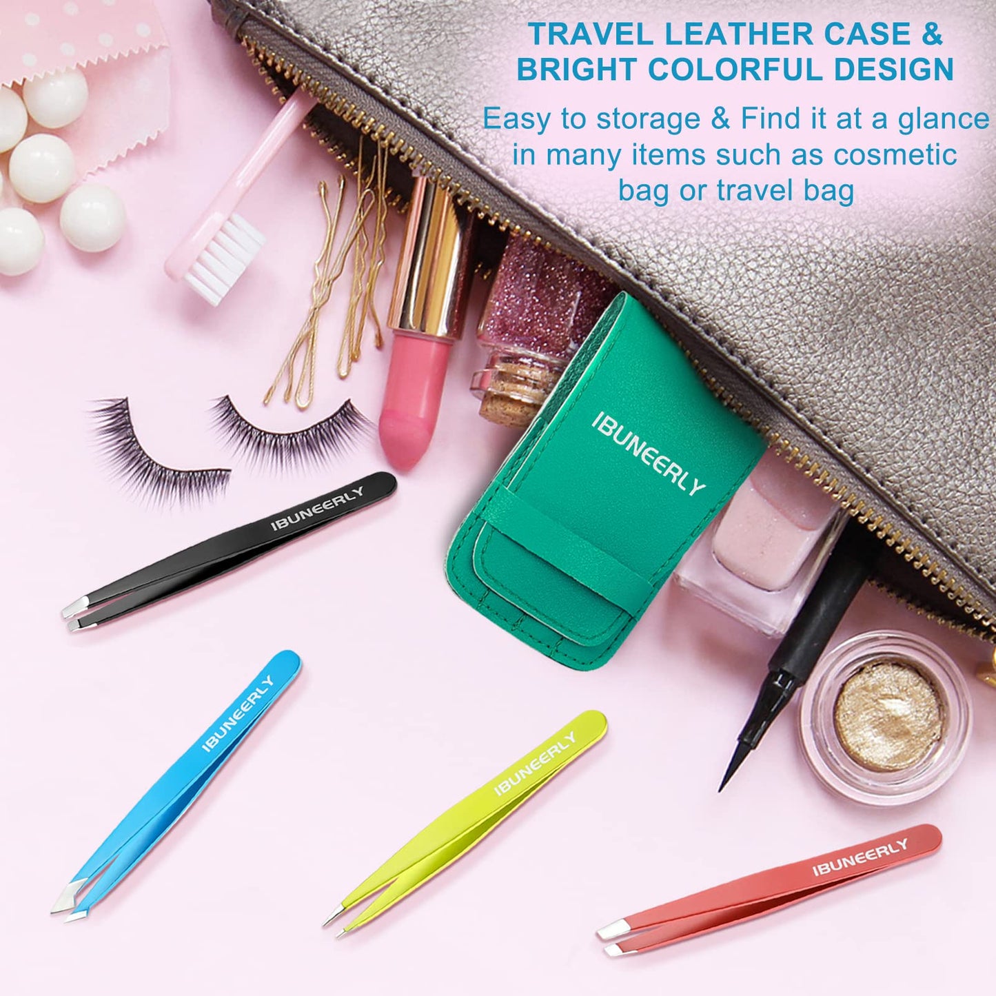 iBuneerly Eyebrows Tweezers Set, 4Pcs Stainless Steel Tweezers for Women with Travel Case, Great Precision for Ingrown Hair, Facial Hair and Splinter Removal