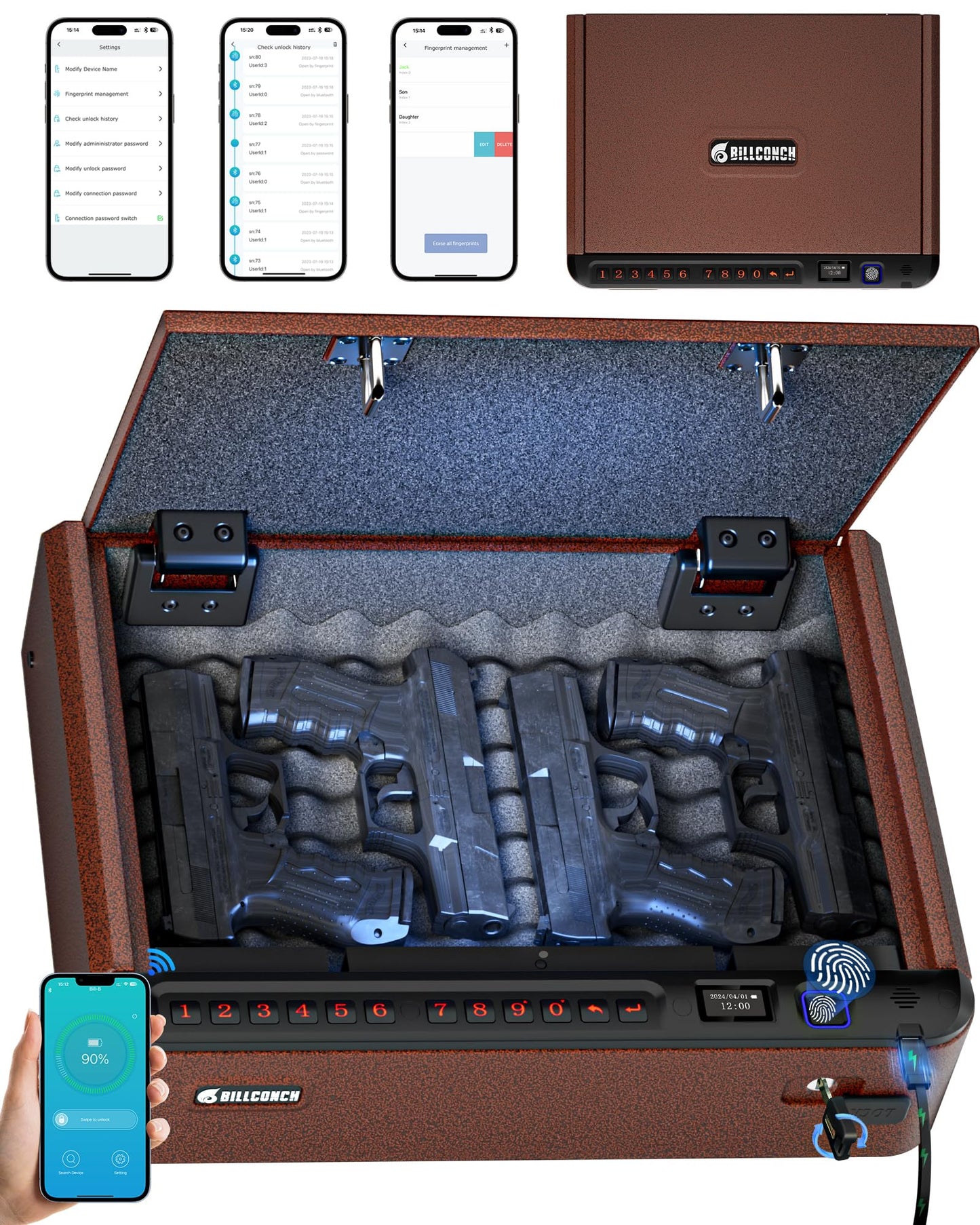 BILLCONCH Smart Gun Safe with Security Cable - Biometric Gun Safe for Handgun 4 Ways Quick Access with Fingerprint/Keypad/Key/APP Lock for Bedside Home Car with LCD/Voice Guide - Brown