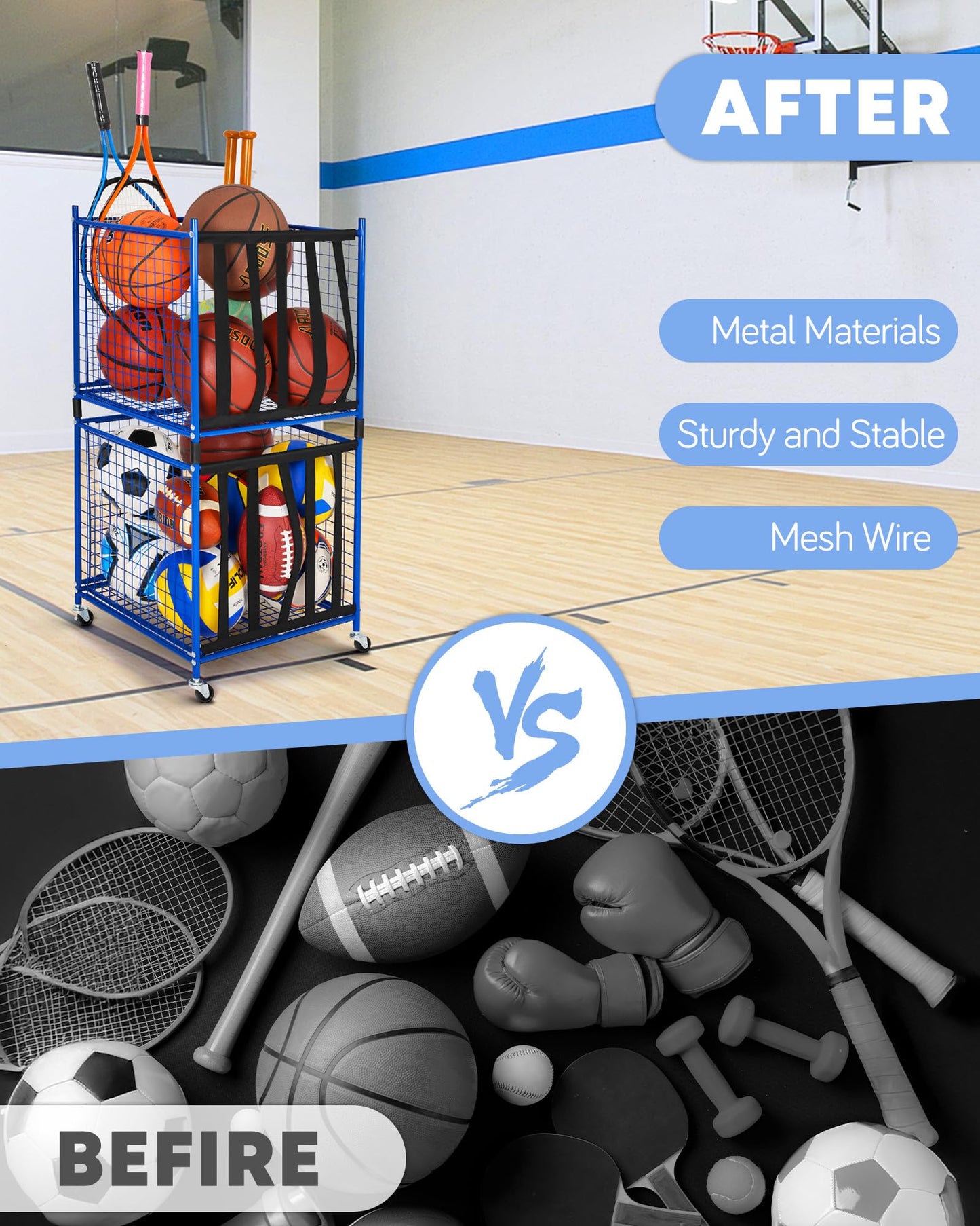 Mythinglogic Rolling Sports Ball Storage Cart, Sports Lockable Ball Storage Locker with Casters, Stackable Ball Cage for Garage Storage Garage Organizer (2 Pack Blue)