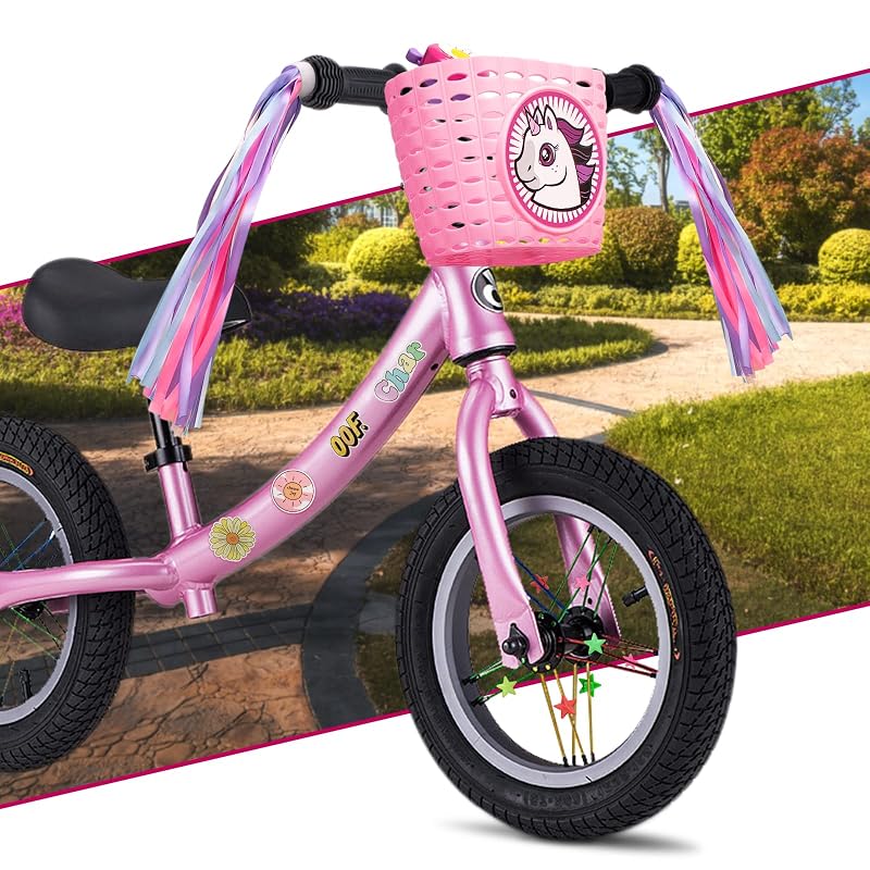 Kids Bike Basket Set with Unicorn Bracelet, Bell, Streamers & Stickers for Girls