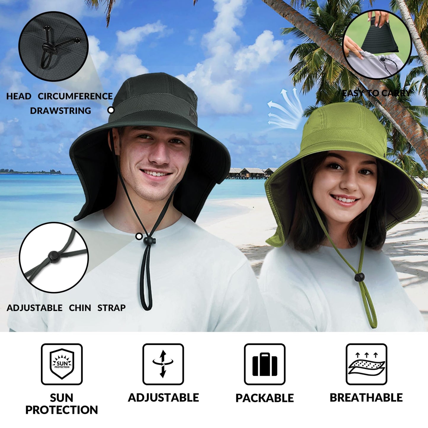 Sukeen Cooling Sun Hat for Men Women UPF50+ Wide Brim Fishing Hat with Neck Flap Adjustable Foldable Bucket Hat for Hiking Black