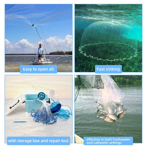 Handmade American Cast Net, BalanZze Casting Fishing Net for Bait Trap Fish, Throw Nets with Zinc Sinker Weights for Freshwater & Salt Water (3/4/5/6/8/9/10 Ft, 1/2 Inch Mesh Size)