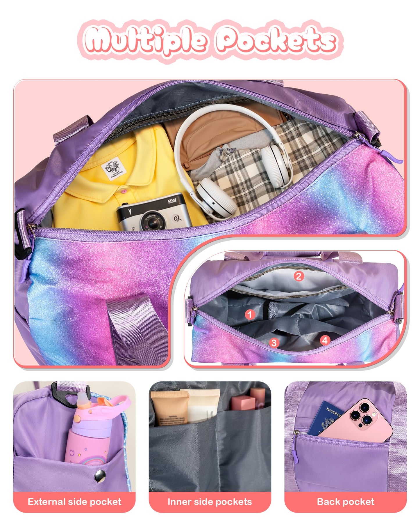 Vogewood Girls Trip Gifts for Kids-Girl Gym Bag with Shoe Compartment, Kid Personalized Weekender Overnight Bags, Initial Travel Tote with Makeup Pouch, Valentines Day Gift for Girls (Letter R)