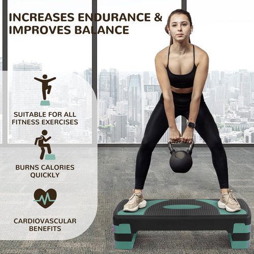 Fitvids Step Aerobic Platform, 31" Exercise Step with 3 levels Adjustable Height, 4 Stackable Risers, Fitness Training Workout Stepper for Home Gym, Cardio Strength, Black & Blue