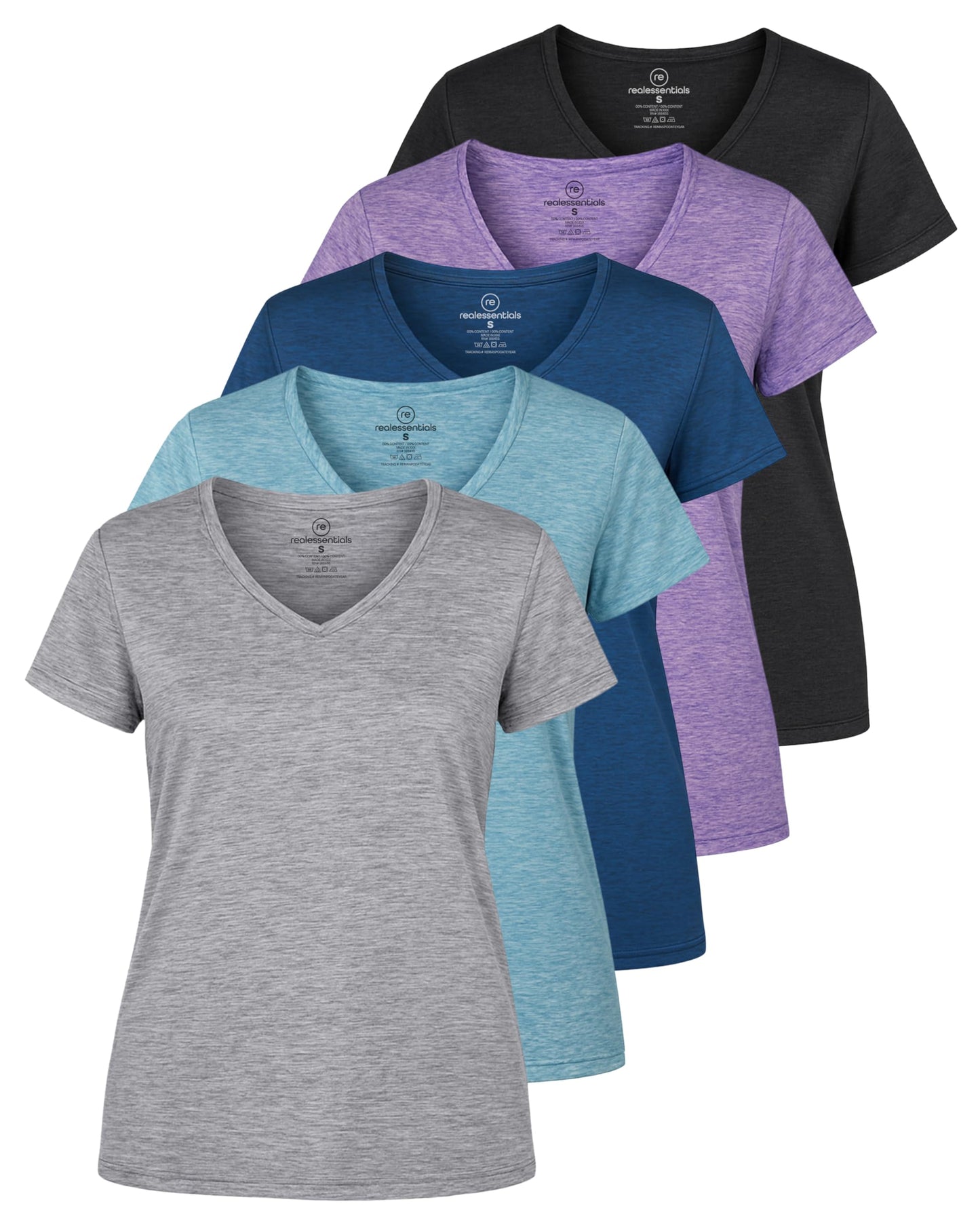 Real Essentials 5 Pack: Women's Dry-Fit Short Sleeve V Neck T Shirt Workout Fitness Yoga Top Tee, Set 1, XXL