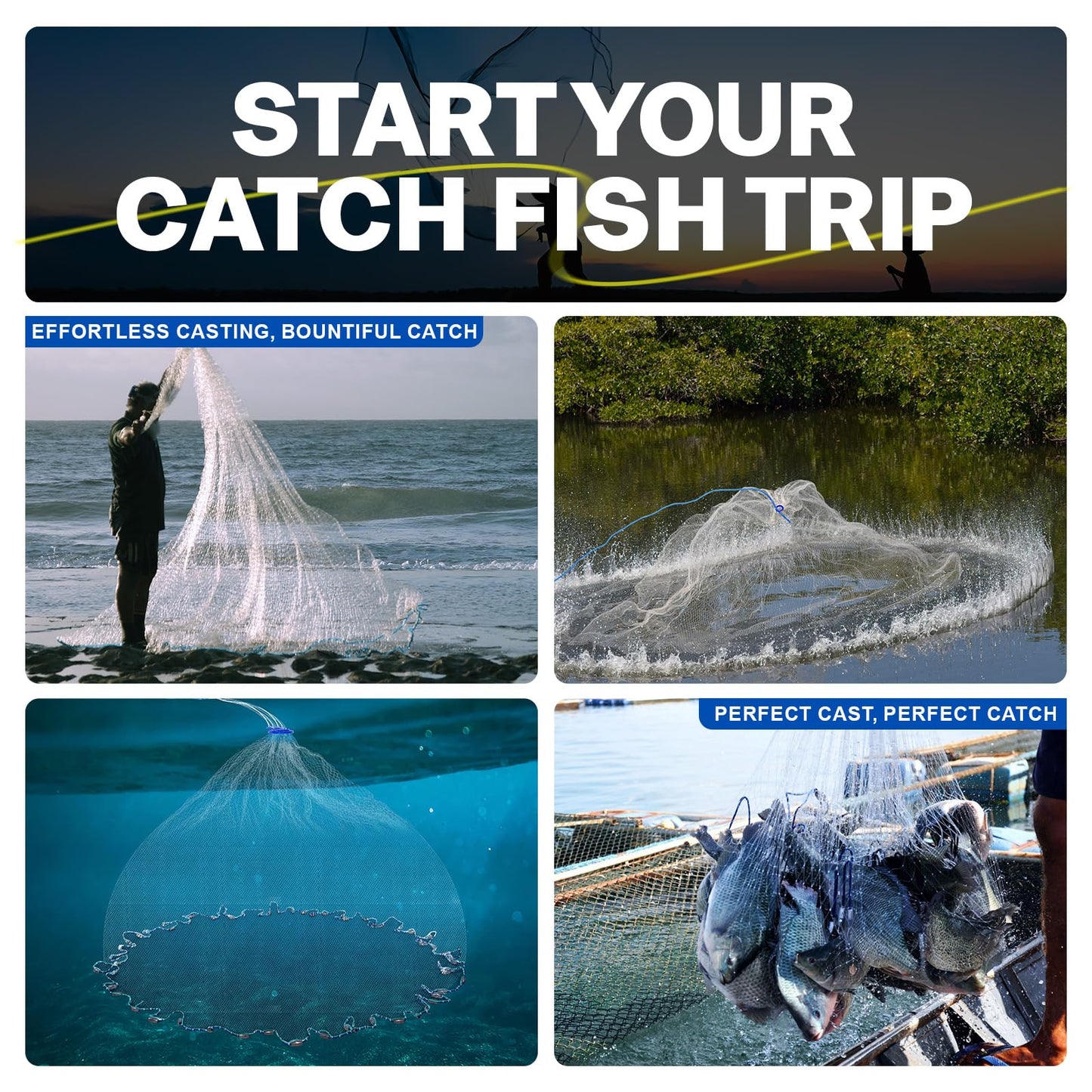 Goture American Fishing Cast Net Saltwater Freshwater, Heavy Duty Sinker, Dual Color Double Selvage, Increased Cast Net Area, 3/8 Mesh Fish Throw Cast Net with Needle for Shrimp Trap, 6Ft Radius