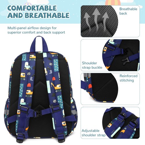 mygreen Toddler Backpack, Car Colorful Preschool Bag with Chest Strap, Kindergarten Schoolbag for Kids, Boys, and Girls (Truck Blue)