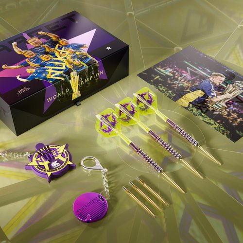 TARGET Luke Littler World Champion Steel Tip Swiss Point Darts, 90% Tungsten Darts Set, 23G | The Nuke 2025 Special Edition K-Flex, Key Ring, Spare SLK Swiss Points and Premium Tool Included