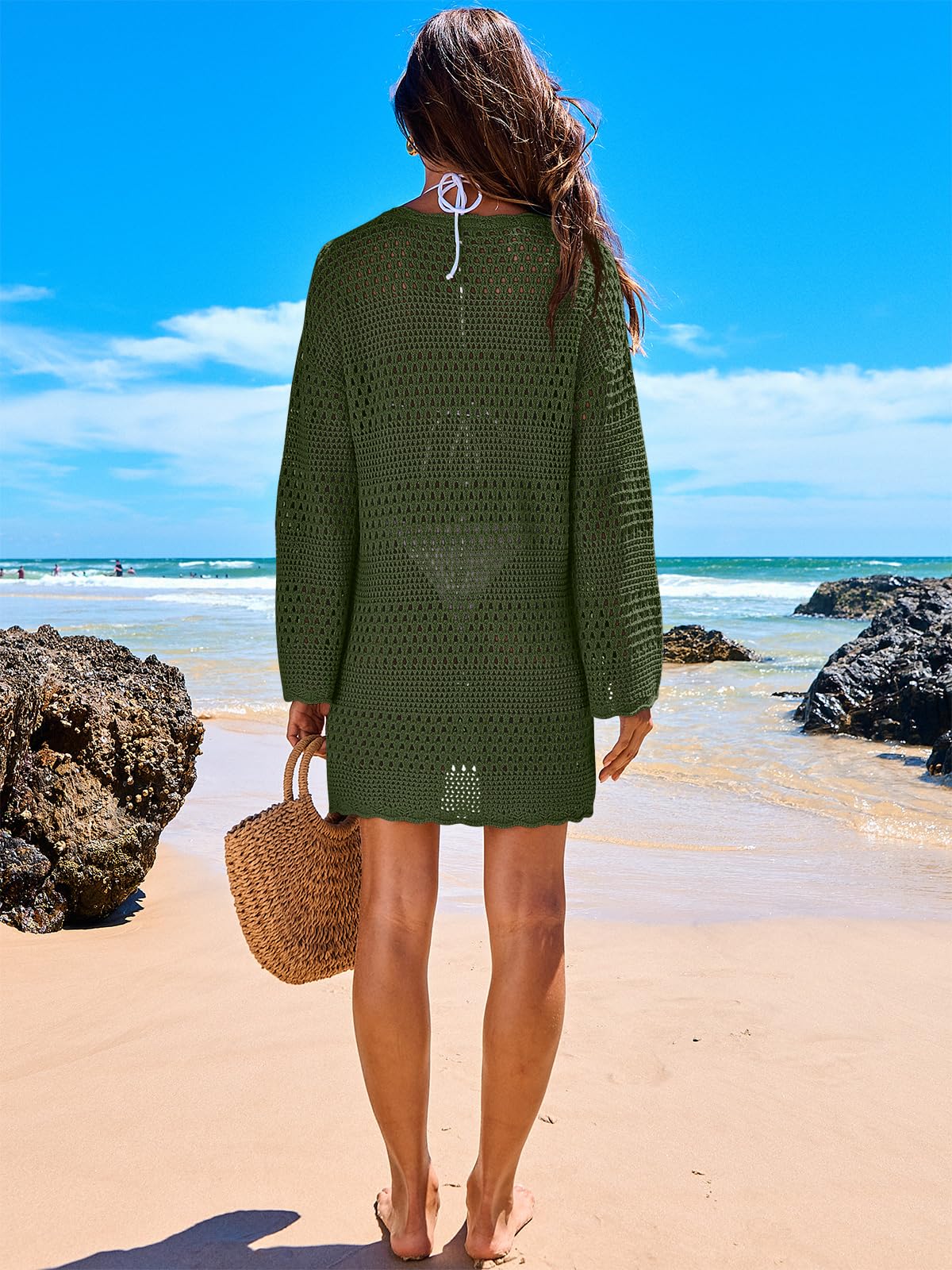 ANRABESS Women Swimsuit Crochet Swim Cover Up 2026 Summer Bathing Suit Swimwear Mesh Knit Beach Dress Vacation Outfits Red XX-Large
