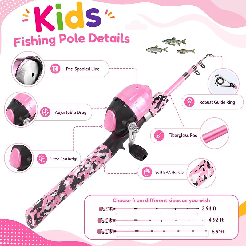 ODDSPRO Kids Telescopic Fishing Pole & Spincast Reel Kit - Pink, 4.92 ft Variation
