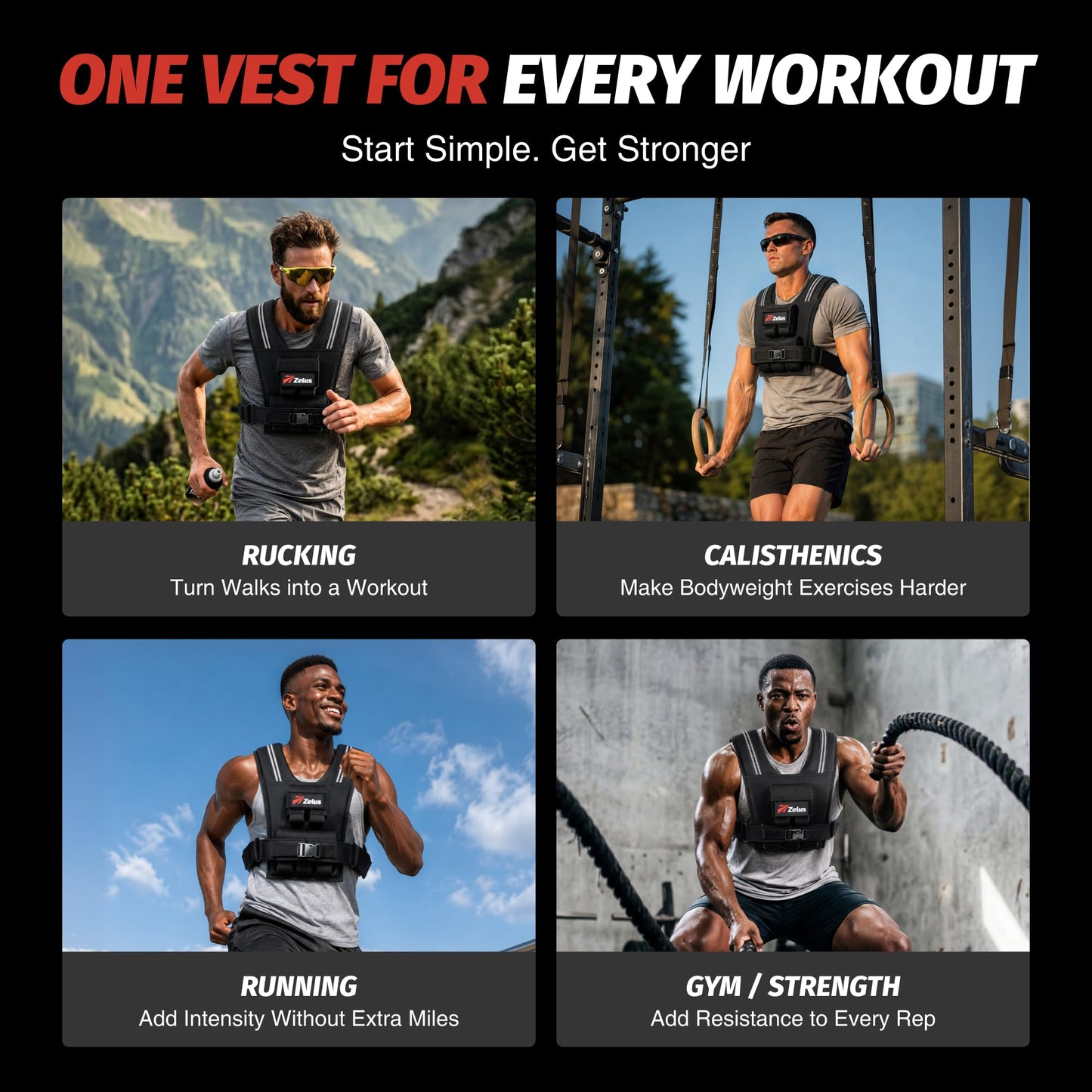 ZELUS Weighted Vest Men, 23lbs/36lbs/45lbs Adjustable Weight Vest with 10/16/20 removable Iron Weights and Reflective Strips, No-Bounce Design for Strength Training, Running, HIIT & Calisthenics