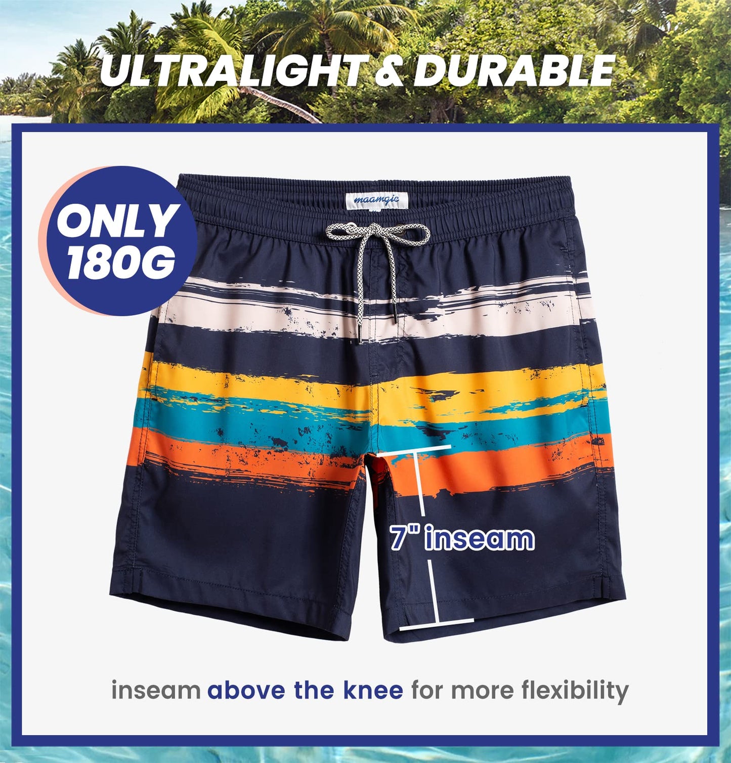maamgic Mens Swim Trunks Quick Dry Swim Shorts with Mesh Lining Funny Swimwear Bathing Suits 7inch Navy Stripes XX-Large