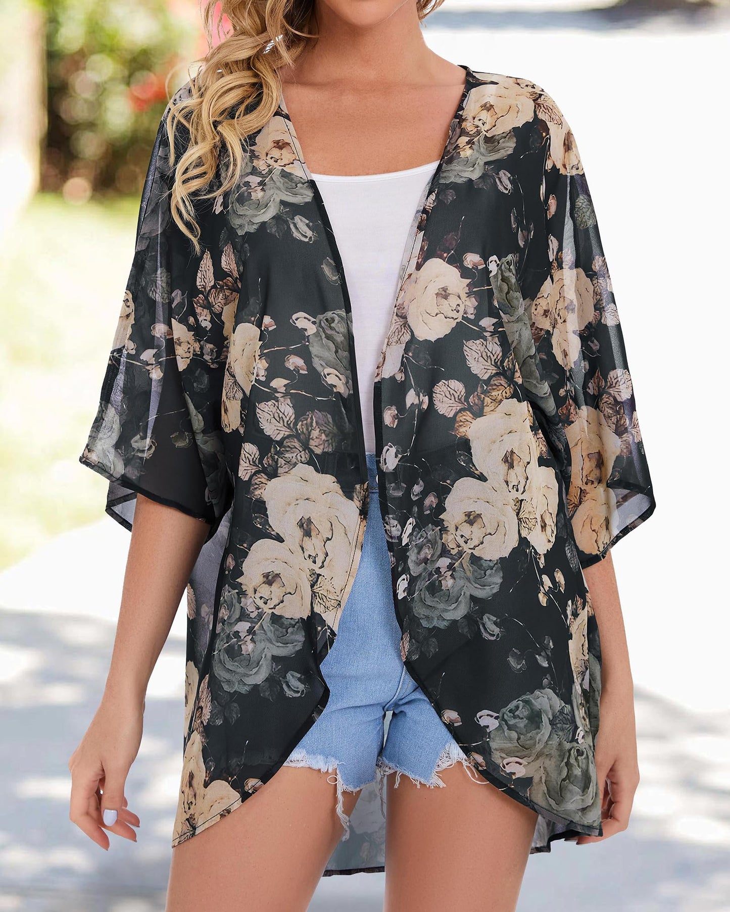 Womens Floral Tops Short Sleeve Casual Summer Loose Cover ups Shirts (Black Khaki Floral, 2XL)