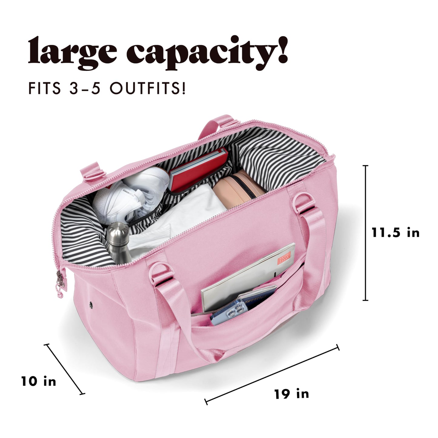 Fit & Fresh Neoprene Weekender Bag for Women – Carry-On Friendly Travel Duffel with Expandable Sides, Trolley Sleeve & Pockets – Lightweight, Water-Resistant Overnight Bag for Weekend Trips, Pink
