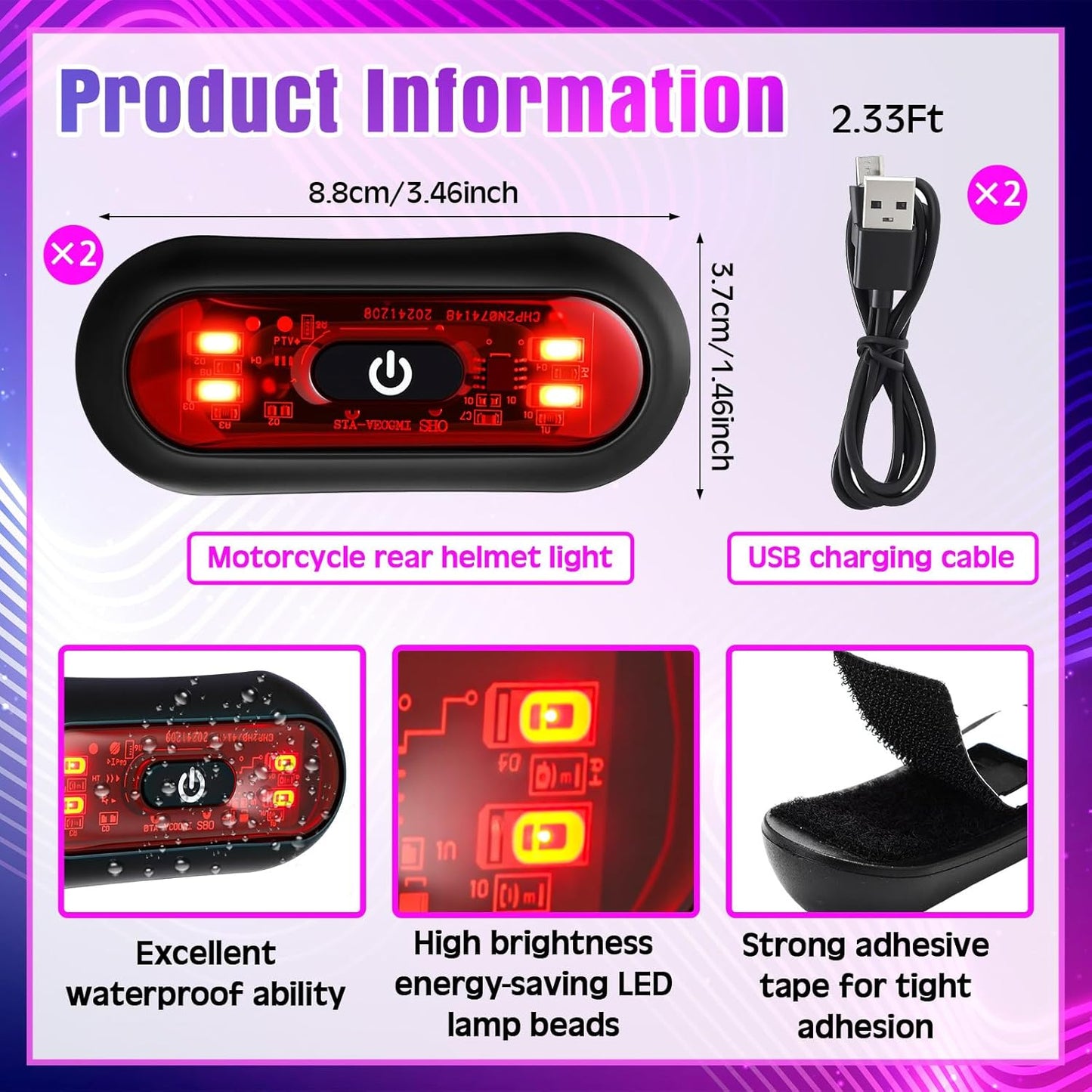 2 Set Motorcycle Bike LED Red Rear Helmet Light Rechargeable Bicycle Safety Warning Helmet Tail Lights with USB Chargeable Cable, Safety Warning Night Lamp for Night Riding