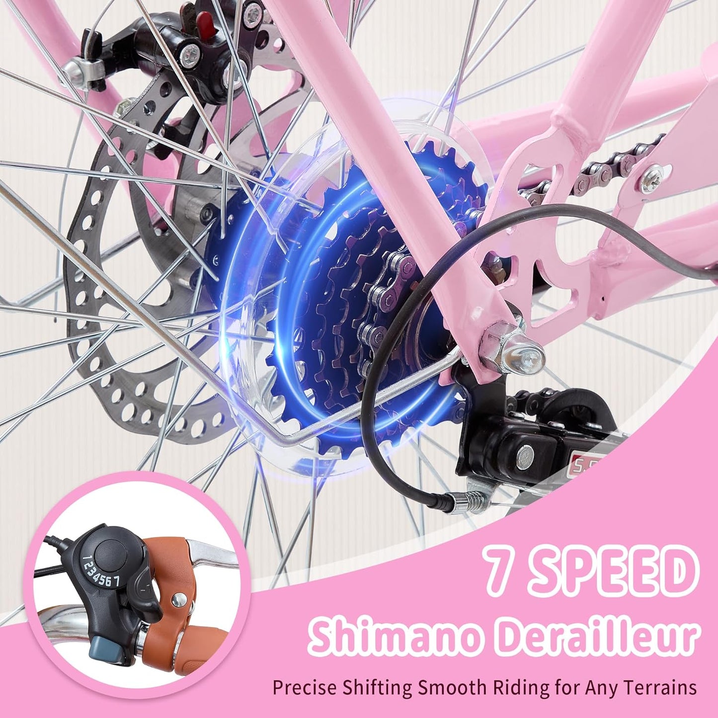 Kids Bike, Retro Cruiser Bike for Girls, 20 24 Inch 7-Speed Kids Bicycles for Ages 6-14 Girls Youth with Rattan Basket, Dual-Disc Brake Carbon Steel Frame Lightweight Bicycle, Multiple Colors