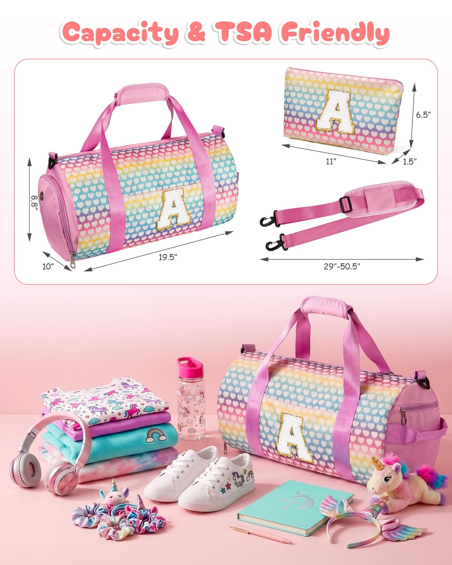 Vogewood Teenager Girl Gift Ideas-Girls Travel Duffle Bag with Makeup Pouch, Initial Kids Overnight Weekend Bag with Shoe Compartment, Preppy Customized Stuff (Letter L)