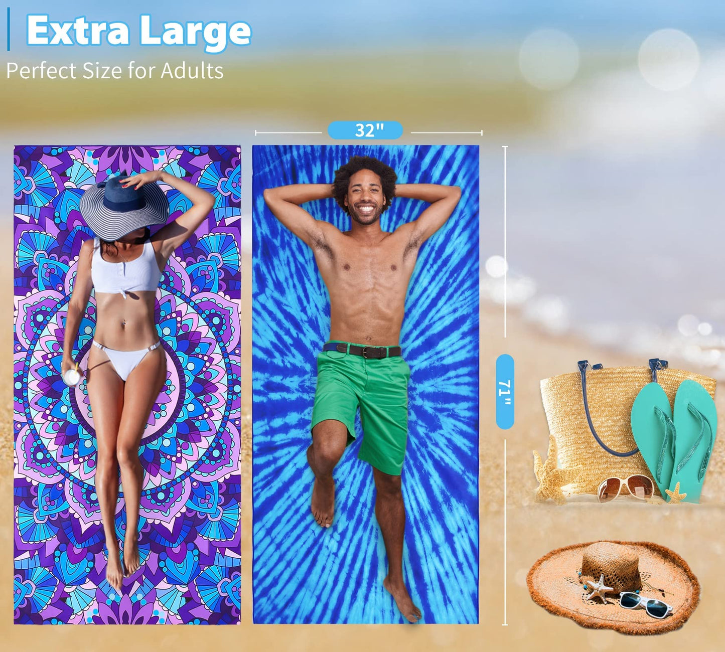 6 Pack Microfiber Thin Lightweight Beach Towel Oversized 71x32 Extra Large Sand Free Towels for Travel Swim Pool Yoga Gym Camping for Adults Women Men Beach Essentials Accessories Vacation Gift