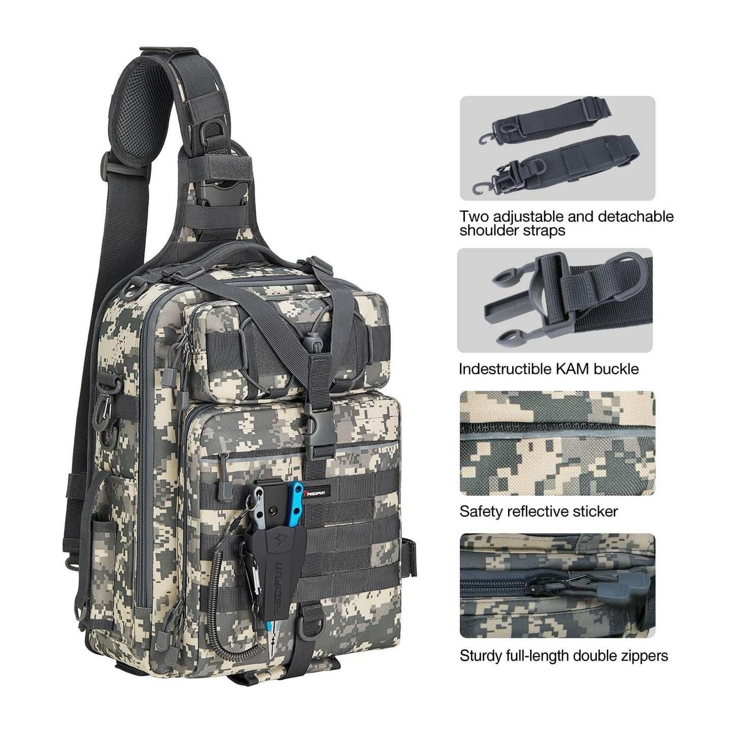 Piscifun Fishing Backpack Tackle Bag with 2 Rod Holders, Multi-Compartment Storage, MOLLE System, Water-Resistant Lightweight Outdoor Pack, Double Shoulder Digital Camouflage Large