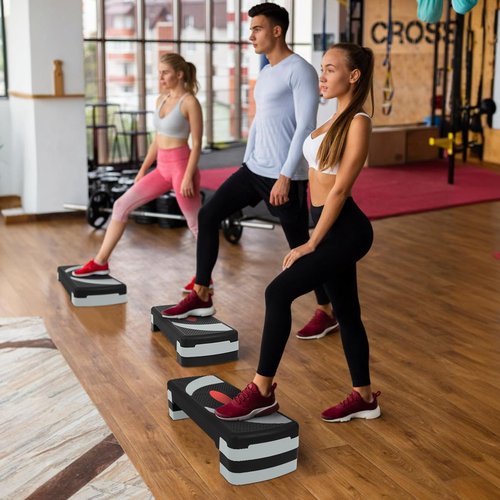Aurorafy Step Aerobic Platform with 3 levels Adjustable Height, 4 Stackable Risers, 31 Inch Fitness Training Exercise Step, Workout Stepper for Home Gym, Cardio Strength, Black/Red