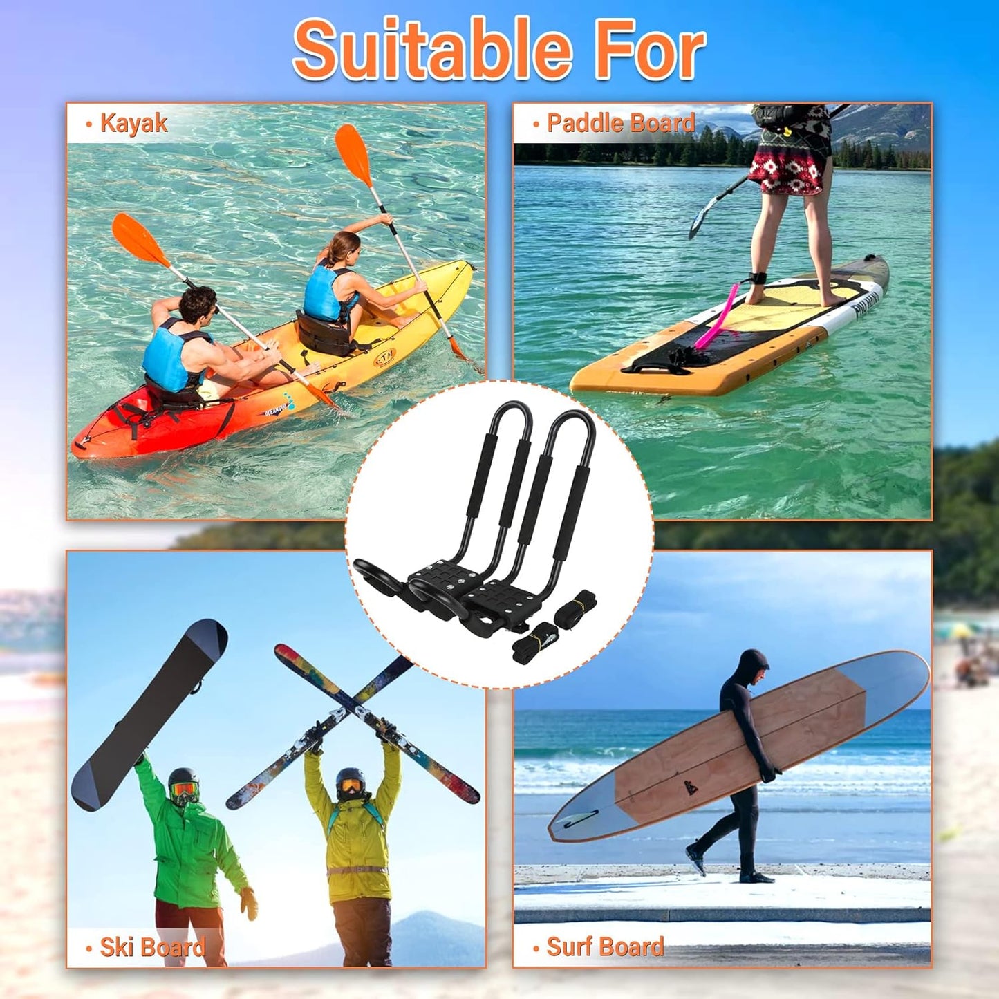 Kayak Roof Rack 2 Pairs J-Bar Carrier Holder for Canoe, SUV, Cars, Truck, Surf Ski, Car Top Mount Racks for Trip, Set of 4