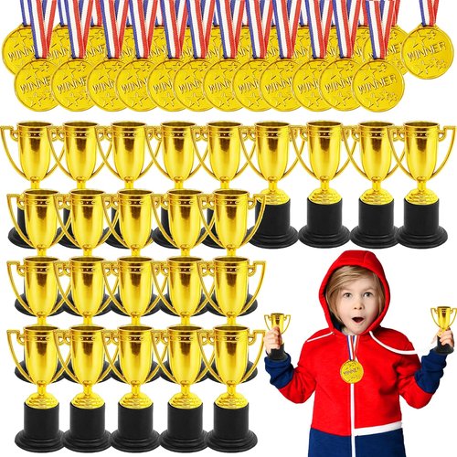 Fottaqqan 48PCS Mini Awards Trophies Cups Medals for Kids,4inch Plastic Golden Trophy Medal Set,Participation Trophy for Winner Competition Sports Reward Party Favors